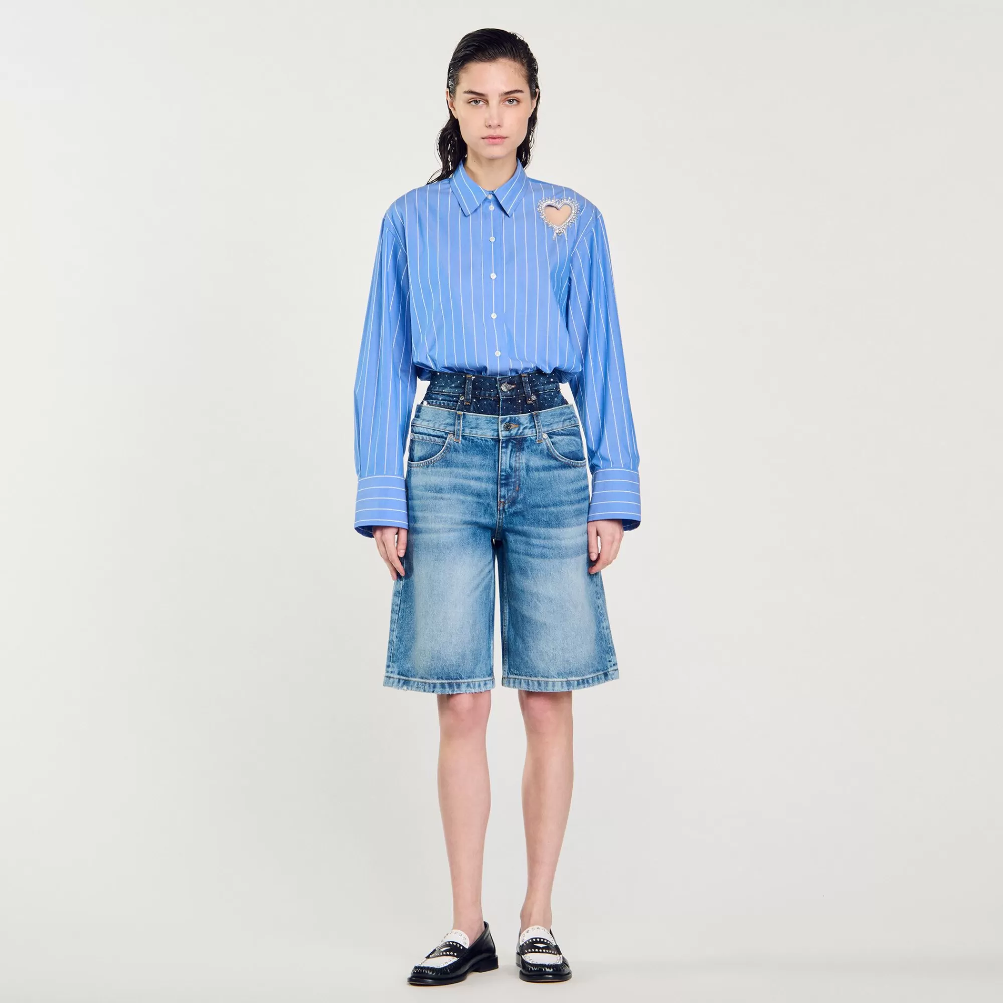 DAMES Sandro Denim Bermuda Short Met Dubbele Ceintuur