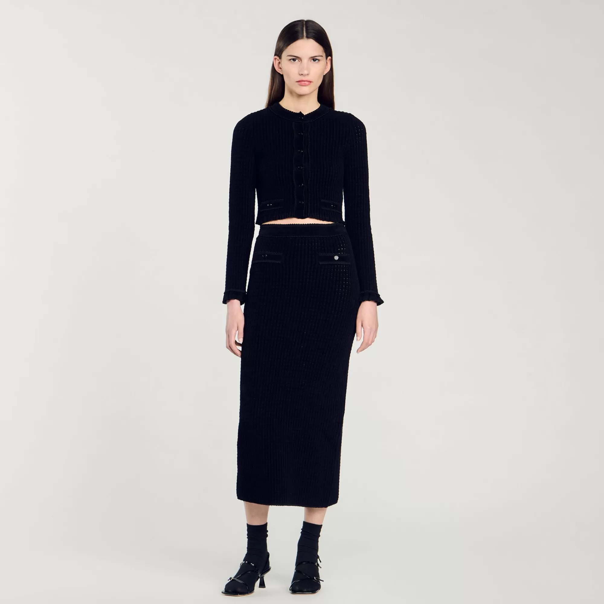 DAMES Sandro Gebreide Midi Rok Met Fluweeleffect