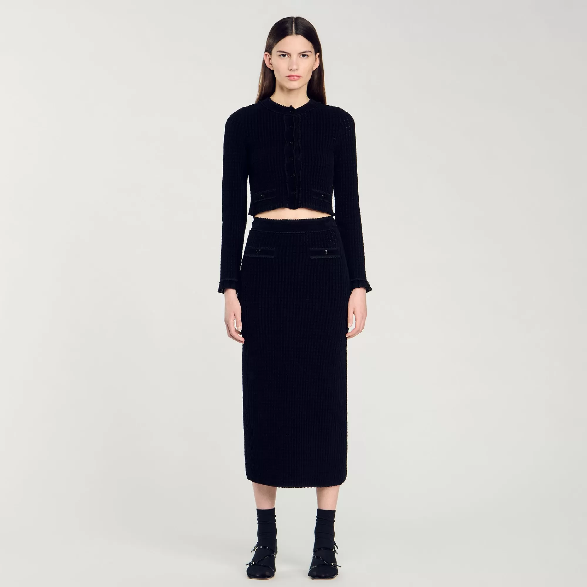 DAMES Sandro Gebreide Midi Rok Met Fluweeleffect