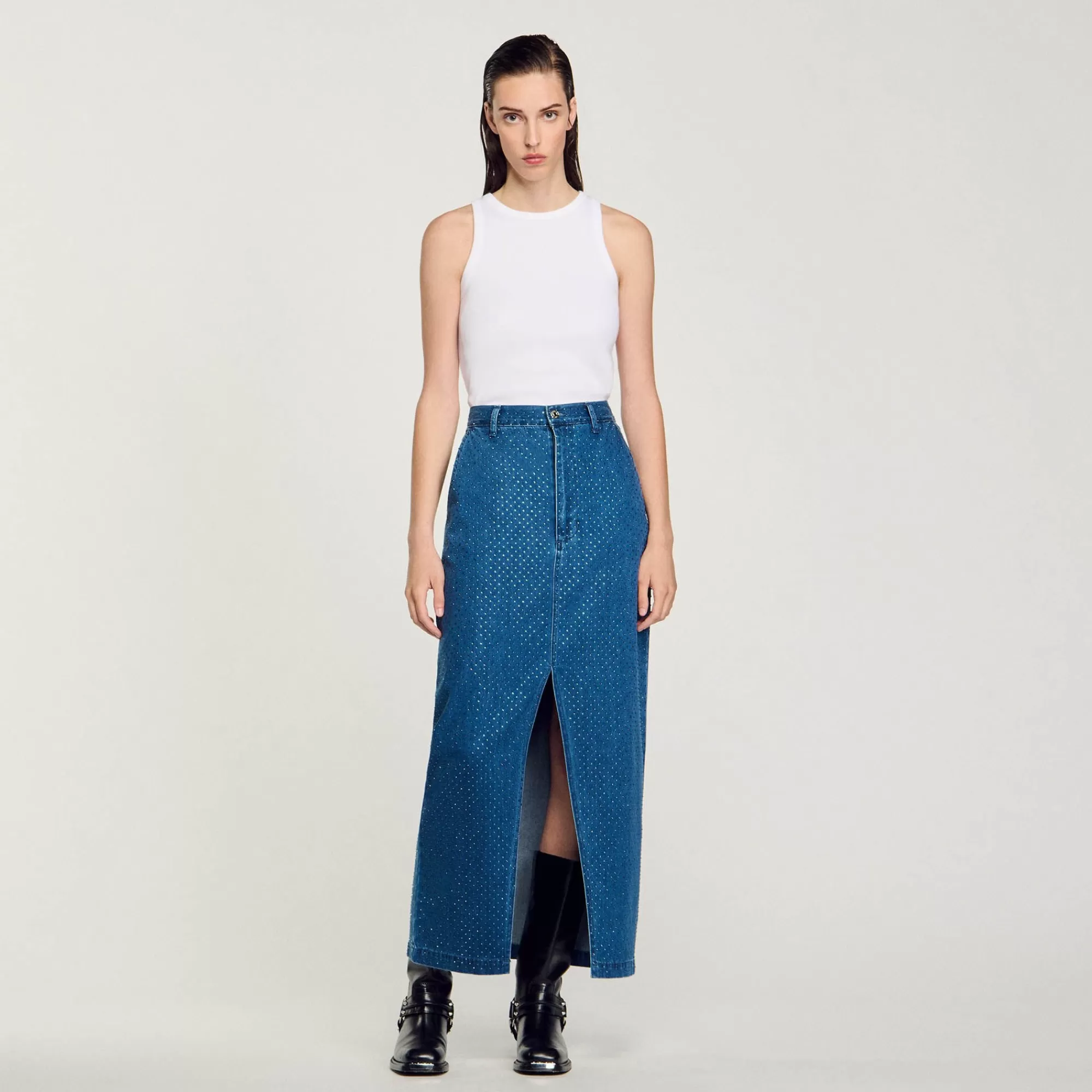 DAMES Sandro Lange Denim Rok Met Stras