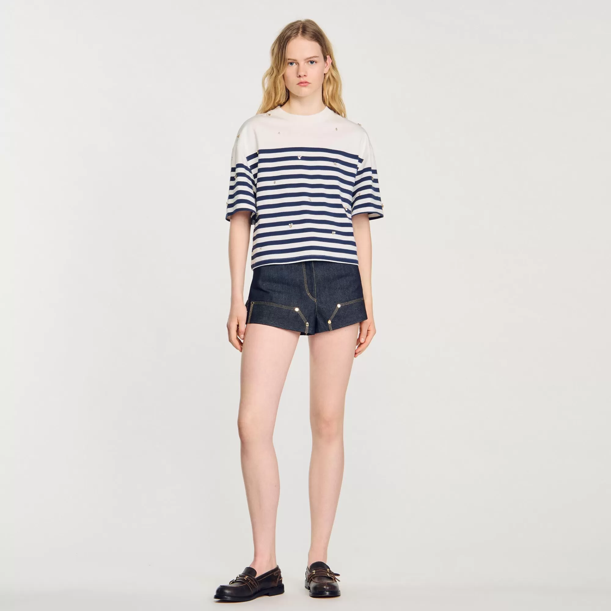 DAMES Sandro T-shirt Maritieme Stijl Met Stras