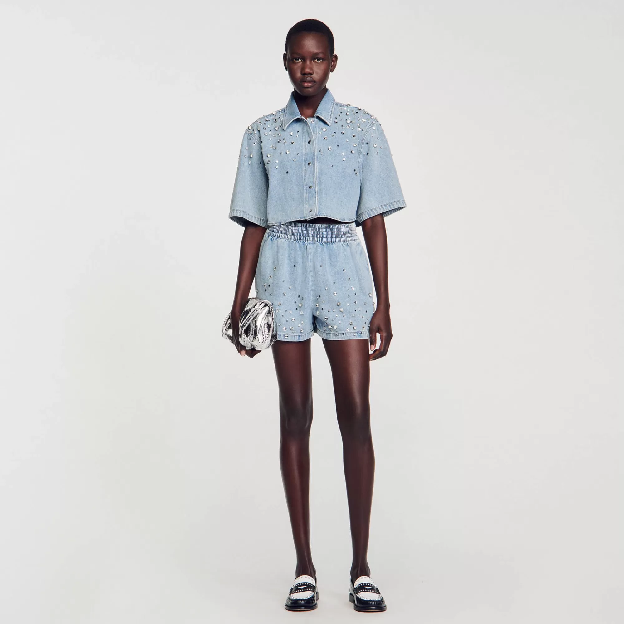 DAMES Sandro Wijd Short Van Denim Met Stras