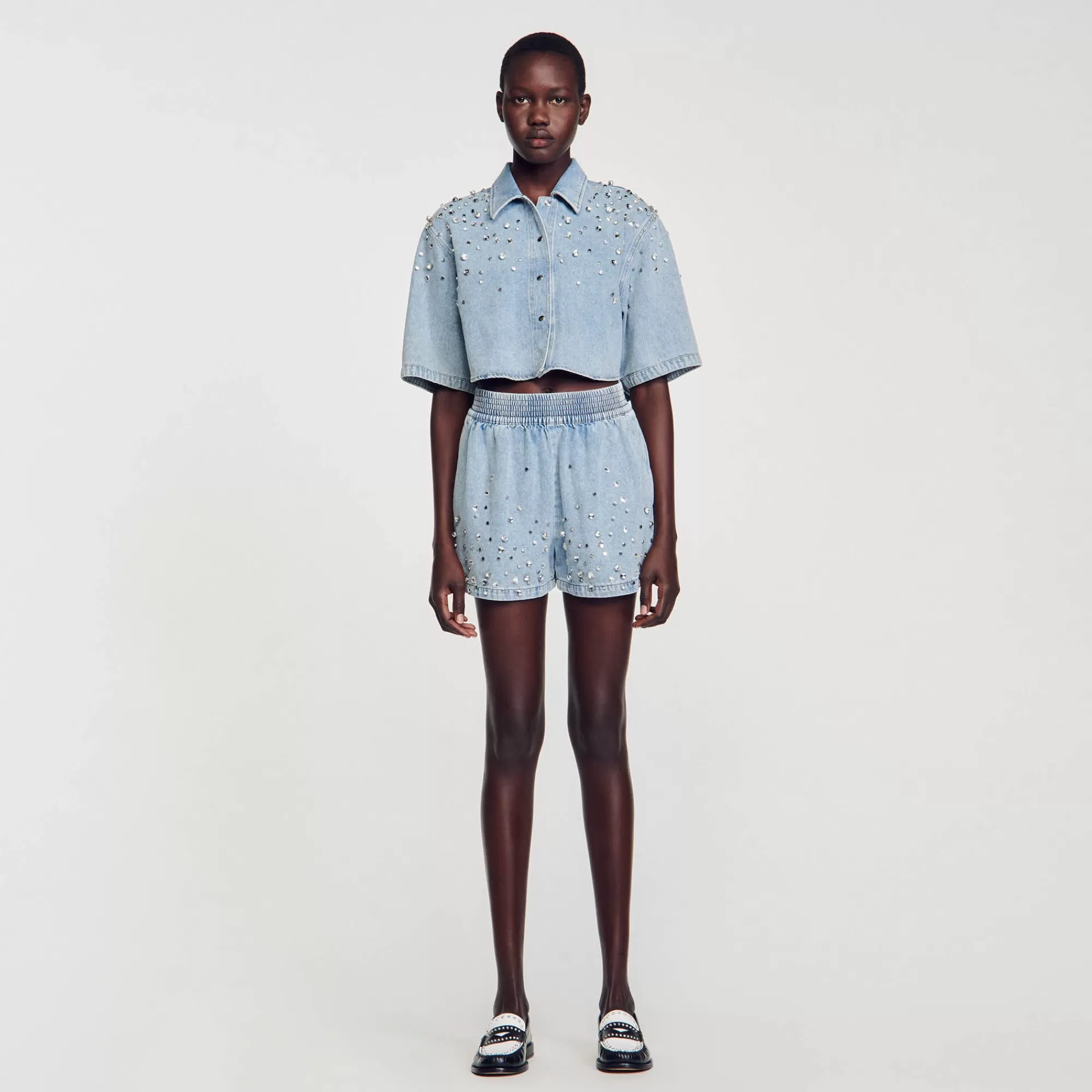 DAMES Sandro Wijd Short Van Denim Met Stras